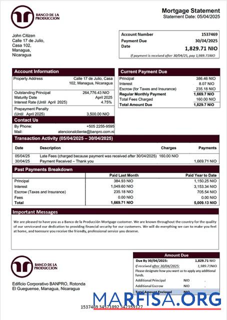 Downloadable Nicaragua Banco de la Producción mortgage statement Word and PDF template